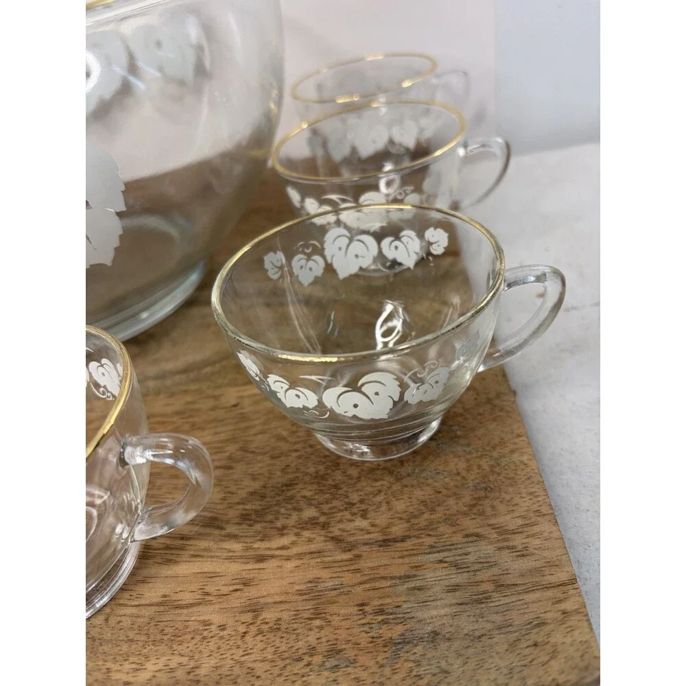 Vintage Anchor Hocking Glass Punch Bowl Grape Leaves Silver Rimmed 9 Piece